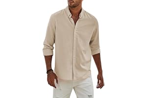 APOONABA Camisa Lino Hombre Manga Larga Color Sólido Shirts Casual Algodón Camisetas Elegante Coton Camisas con Botónes Regular Fit