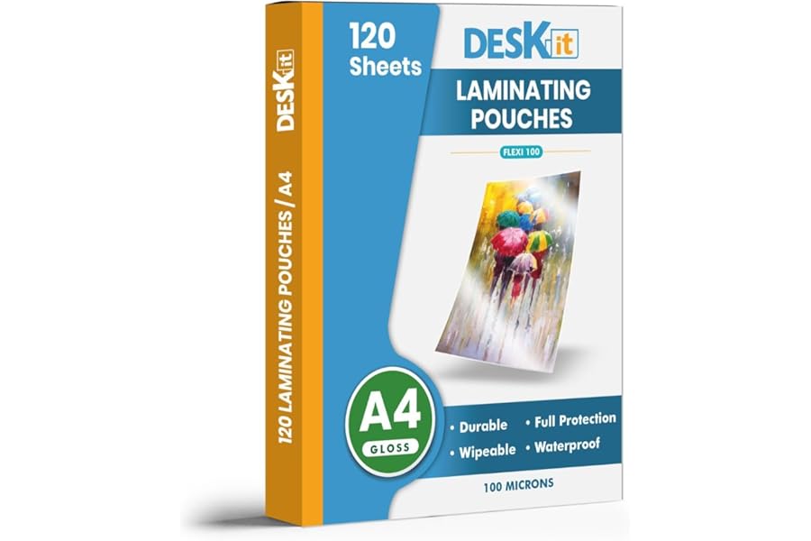 Deskit Laminating Pouches A4, Glossy, 120 Sheets, 100 Microns - Clear and Durable Presentations - Flexible Rigidity for Everyday Use