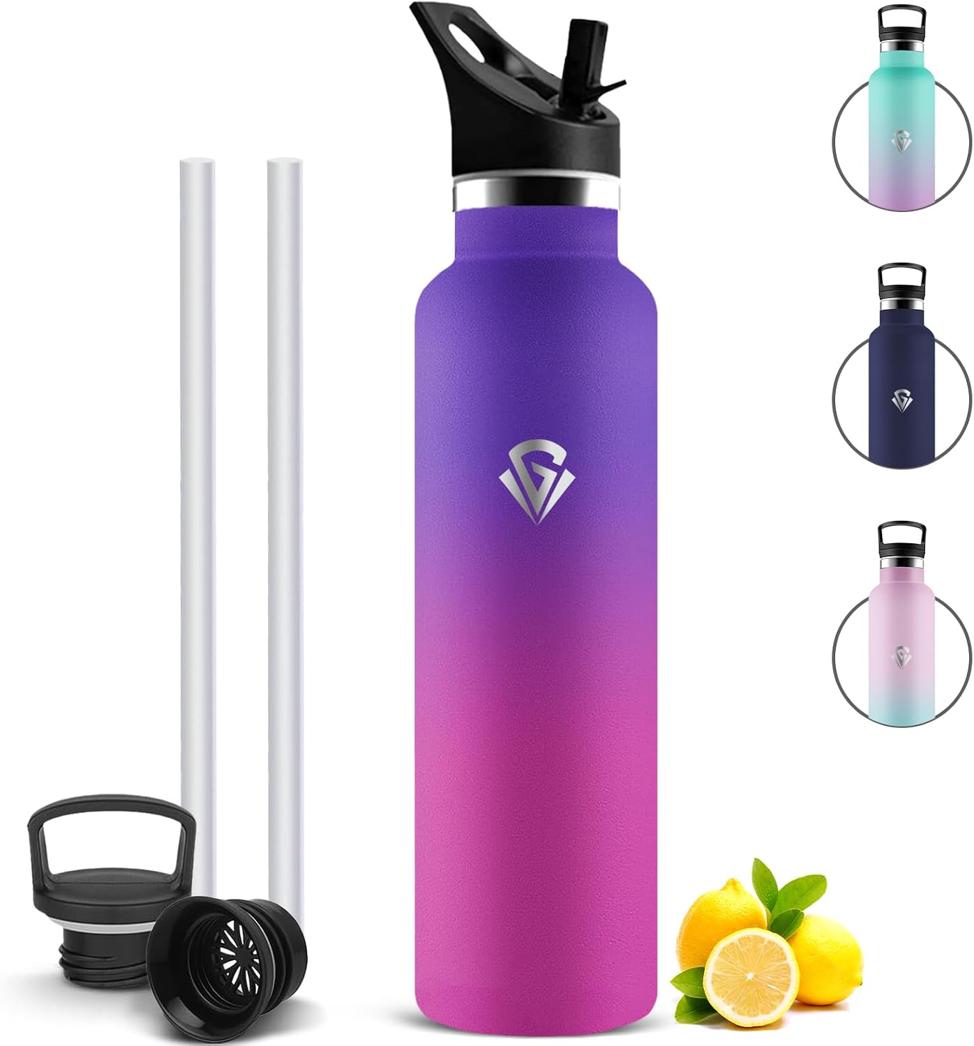 Mujigaga Botella Agua Acero Inoxidable, Botella Termica 1 litro con Pajita, Cantimplora Termica con 2 Tapones, Prueba de Fugas Botella Agua Gimnasio para Cámping, Senderismo, Deporte