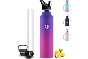 Mujigaga Botella Agua Acero Inoxidable, Botella Termica 1 litro con Pajita, Cantimplora Termica con 2 Tapones, Prueba de Fugas Botella Agua Gimnasio para Cámping, Senderismo, Deporte