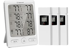 Geevon Funk Thermometer Innen Außen mit 3 Fernsensoren, Thermometer Hygrometer Feuchtigkeit Digital, Temperatur und Luftfeuchtigkeitsmesser mit 60M/200FT Reichweite (228646 weiß ohne Batterie)