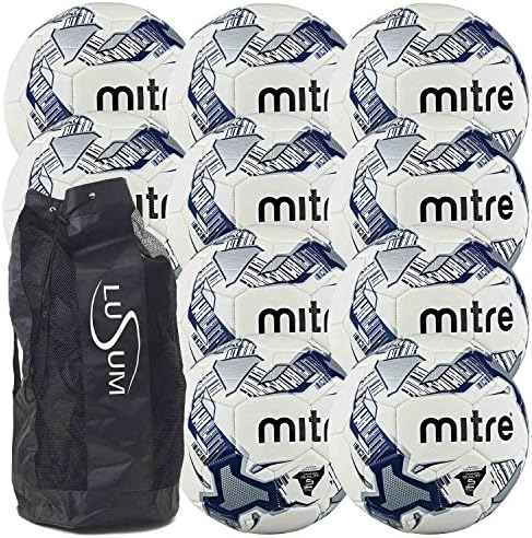 Mitre Primero Training Football 10 Pack with Heavy Duty Mesh Ball Bag (Silver, Size 4)