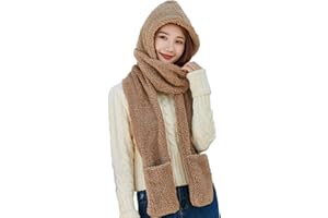 ericotry Winter Warm Women Hoodie Hat/Scarf/Gloves Set Soft Fleece Siamese Hoodie Gloves with Glove Pockets Soft Plush Thick Warm Hat Hoodie Cap Mitten Scarf Set(Khaki)