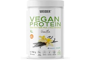 Weider Vegan Protein (750g) Goût Vanille. Protéines 100% Vegetal 23g/dose, Pois (Isolat Pisane) & Riz. Avec Vitamine B12 & Stevia. Sans Gluten, Sans Sucre. Emballage 50% Recyclé, 100% Recyclable