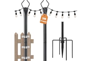 SEGNAYEN Festoon Light Pole, String Light Poles Metal for Outdoor Outside Garden Christmas Decorations, 3M, 2 Pack