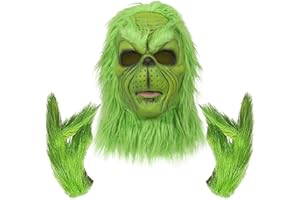 Applysu 3PCS Grinch Mask Furry Green Monster Latex Mask with Gloves Christmas Plush Cosplay Costume Props for Fancy Dress