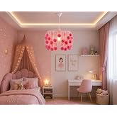El Yapımı Pembe Ponponlu &Ccedil;ocuk Odası Avizesi &ndash; 30 cm &Ccedil;ap, T&uuml;l Detaylı Dekoratif Sarkıt Avize, Ayarlanabilir 70 cm Kablo, Ampu