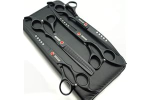 SMITH KING Professionelles Fellscheren-Set für Hunde, 17,8 cm, gerade, dünner werdend, gebogen, 4 Stück in 1 Set, Schwarz
