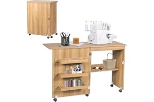 GOPLUS Nähtisch Faltbar, Nähmaschinentisch auf Rollen, Nähschrank Nähmaschinenschrank Computertisch Schreibtisch Arbeitstisch (Hellbraun)