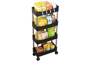 Haipky Multipurpose Rolling Trolley, Removable Storage Organizer Rack Shelf With Wheels for Bathroom Bedroom Kitchen Laundry Fruit Vegetable Snack Sundries Cosmetics Toiletries (Black 4 Tiers,Narrow)