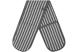 MARIA LUXURY BEDDING & LINEN Grey Double Oven Gloves Heat Resistant Oven Mitts for Home Kitchen Baking and Cooking, Butchers Stripe Pot Pan Tray Double Oven Gloves, Heavy Duty Cooking Oven Gloves (Grey)