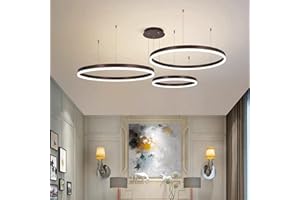 WAYLUOUNG Moderner LED Kronleuchter, 3 Ringe (40+60+80cm) 90W, Dimmbare Fernbedienung Metall Acryl LED Pendelleuchte, Gebürstete Ringe Decken Hängelampe, Wohnzimmer Schlafzimmer Foyer Esszimmer Küche (Braun)