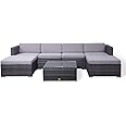 EVRE Nevada Brown 6 Seater Outdoor Rattan Garden Furniture Set Wicker Weave Sofa Coffee Table Stool with Cushions For Patios Decks Conservatories Sectional Corner Conversation Piece (Grey)