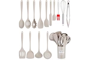 TIXEXO Ustensiles de Cuisine en Silicone,15 PCS Set Jaune Clair d'accessoires de Cuisine,Sans BPA, Antiadhésive Anti Rayures Cuisine Accessoires,Set de Cuisson Avec Pot de Rangement