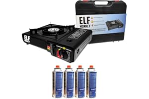 ELFMONKEY Hornillo de gas para acampada, incluye cartuchos de gas. Cocina de gas con maletín de transporte: con 4 cartuchos de gas