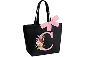 HAMATATA Borsa Tote Bag con Iniziale, Borsa Shopper con Papillon, Borsa Donna Personalizzata con Nome, Regali per Donna, Amica, Sposa Damigella D'onore, Mamma, Compleanno, Nozze, Natale, San Valentino(C)