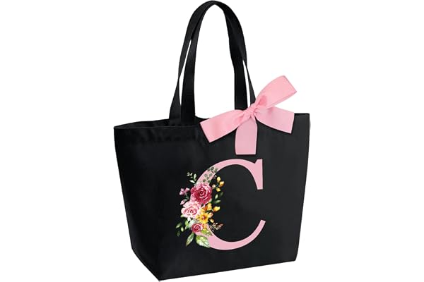 Sac Fourre-Tout Personnalisé avec Initiale, Sac Tote bag avec Noeud Papillon, Adapté pour Mariage Vacances Voyage Anniversaire Noël, Sac Cadeau Parfait pour femmes demoiselles d'honneur maman amis C