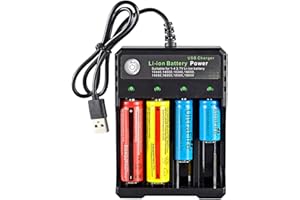 GBOKYN Cargador 18650, 4 compartimentos, universal, cargador de batería USB con indicador LED para baterías de iones de litio 10440 14500 14650 16340 16650 18350 18500 18650