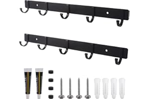 GUDECIUS Wieszak na garderobę, czarny, z 5 haczykami, 2 sztuki, listwa z haczykami do garderoby, aluminium, bez otworów, listwa garderobiana do sypialni, łazienki, kuchni, łazienki, garderoby, haki