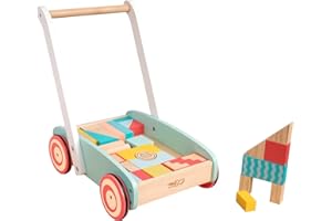 Owl & Fox Wooden Baby Walker with 29 Assorted Colourful Blocks, Traditional Push Along Early Development & Activity Toy, Sustainably Sourced, for Ages 12 Months+