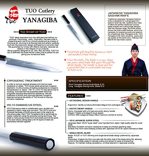TUO Yanagiba Sushimesser – -26cm, Professionelle Küchenmesser Japanischer VG10 Super Stahl 34 Schichten Damaststahl & Black ebony wooden handle (TC0406P) - 4