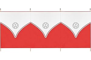 Board Masters Volkswagen Windbreak for Beach, Camping or Garden, VW 4 Pole Windbreaker Camping Sun Shade, Wooden Poles, L290cm x H120cm, Red