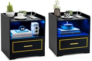 COSTWAY 2-pack Nattduksbord Med LED-Ljus, USB-port Och Typ C-laddningsstation, Nattduksbord Med Rörelsesensor, Sidobord Med Ö