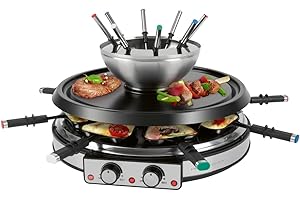 PROFI COOK ProfiCook - Juego de fondue para 8 personas, 2 en 1, parrilla eléctrica para raclette con espátula, tenedores de piedra natural, también para fondue de queso y fondue de chocolate, RG/FD 1245