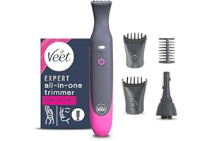 Veet Expert All-In-One Trimmer, Rasoio elettrico donna, Viso e parti intime, Epilatore elettrico donna 100% waterproof, 2 testine e 3 pettini guida, Rasatura ad alta precisione, Cordless