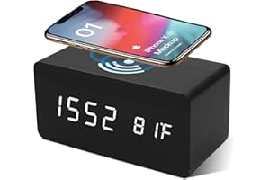 VORRINC Sveglia in Legno con Caricabatterie Wireless, Sveglia Digitale, Regolazione Luminosità a 3 Livell, Controllo vocale Intelligente, Orologio da Comodino Doppio Alimentatore