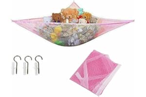 JAMTECH Hammock Stuffed Toys Organizer Rip-Resistant Toys-Teddy Storage Mesh Net with Anchors and Screw Hooks- Ideal for Kids Play Corner and Toy Storage (Pink)