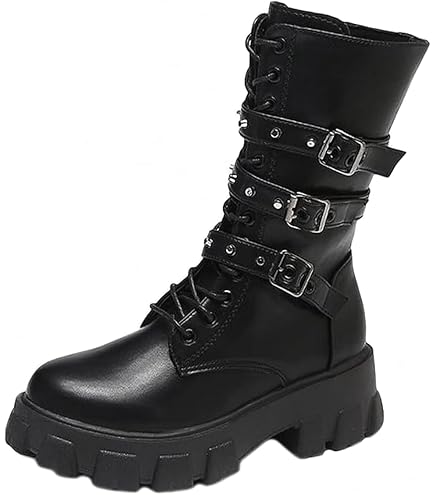 Stivaletti Donna Combat Boots In Ecopelle Nera - Stringati Con Zip, Suola Piatta - Punk Gotico Festival