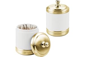 mDesign Juego de 2 algodoneros con tapa – Práctico organizador de cosméticos para discos de algodón – Elegante contenedor de metal para bolas de algodón y bastoncillos – blanco mate/dorado latón