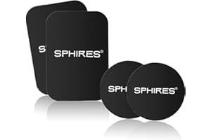 SPHIRES 4 Pack Metal Plate for Magnetic Phone Car Mount 2 X Round and 2 X Rectangular Metal Plate for Car Magnetic Phone Holder (Black With Hole) (4x Sphires)