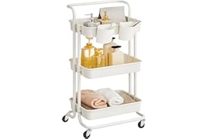 ‎SONGMICS SONGMICS Rollwagen, 3 Ebenen, Servierwagen, Küchenwagen mit Griff, 2 kleine Einhängefächer, 2 Bremsen, Ablagefächer aus Kunststoff, einfacher Aufbau, Schlafzimmer, weiß BSC067W01