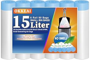 OKKEAI Small Bin Liners 15L Bin Bags Pedal Waste Bags White Trash Bags Drawstring 90 Counts Bathroom Garbage Bags with Tie Handles for Toilet,Kitchen,Office,Bedroom,Fit 12L-20L Rubbish Bin