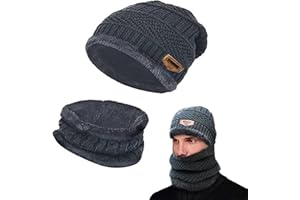 Amebleak Wintermütze Schal Set, Winter Warm Beanie Mütze, Unisex Strickmütze mit Fleecefutter Mütze Schal, Wolle Strickmütze und Loop Schal für Herren und Damen