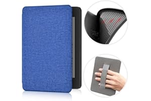 ERUNTO Etui na 6-calowy nowy Kindle (wydanie 2022), etui z TPU z teksturą tkaniny i paskiem na rękę z tyłu, etui z magnetyczną obudową z funkcją inteligentnego budzenia/uśpienia (Niebieski)