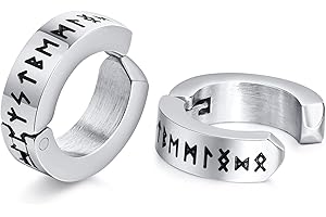FLHEART Norse Viking Hoop Earring for Men - Amulet Protection Jewellery Gifts Stainless Steel Men's Stud Huggie Hinged Earrings with Nordic Elder Futhark Runes,Black/Silver/Gold Plated,1 Pair