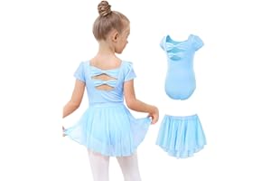 JiAmy Sukienka baletowa dla dziewcząt, strój baletowy, bawełna, krótki rękaw, trykot baletowy, trykot do tańca + szyfonowa spódnica kopertowa, sukienka do tańca, 2-częściowy, dla dzieci w wieku 3-11