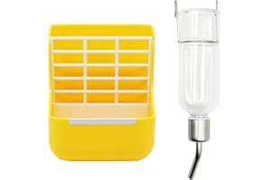MUYIRTED Comedero Conejo Y Bebedero De 180ml, Dispensadora De Heno para Conejos para Jaulas, Automática Colgando Botella De Agua para Cobayas Conejos Enanos, Amarillo