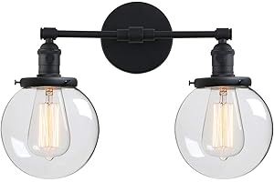 Phansthy Vintage Wall Light Fixtures with Globe Clear Glass Shade Double Lights Wall Sconces Lighting Switched Indoor Rustic 2 Head Wall Lamps for Living Room Bedroom Vanity Mirror (Black)