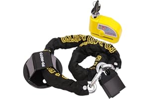 FD-MOTO 2.9KG 1.2M*10mm Chain Lock + Alarm Brake Disc Lock Yellow + Ground Anchor Heavy Duty for Motorbike Motorcycle Scooter Bike Bicycle ATV