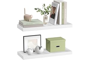 eSituro Lot de 2 Étagère Murale, Étagère Flottante, Étagère Rangement Murale, en MDF et Métal, avec Support Invisible, pour Chambre, Salon, Bureau, Cuisine, Blanc, 60x22,9x3,8cm
