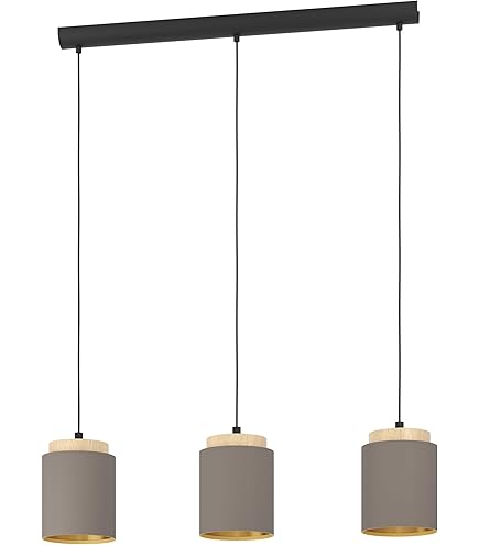 EGLO Hanglamp Amsfield 1, 3-lichts pendellamp boven eettafel, eettafellamp van zwart metaal en natuurlijk bamboe, lamp hangend voor woonkamer, E27 fitting, 48 cm