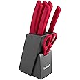 hecef Knife Set with Wooden Block & Scissors – Durable Stainless Steel Blade Extended Handle for Seamless Food Prep (Red)