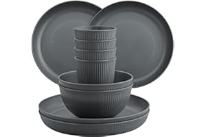 FUNYKICH 12PCS Plastic Plates and Bowls Set, Camping Plates and Bowls Set, Unbreakable Kids Plates and Bowls Sets with Plates, Bowls, Cups, Camping Dinner Set Dishwasher & Microwave Safe(Grey)
