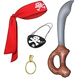 TSHAOUN 4 pezzi Accessori per costumi da pirata, Halloween Accessori da Pirata, Kit Accessori Pirata, Anelli,Bandana,Benda,Go