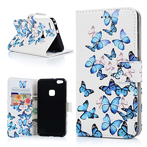 Badalink Case für Huawei P10 Lite PU Leder (TPU innere Schicht) Tasche Flipcase Gemalt Bunte Muster Schmetterling Design Schutzhülle mit Kreditkarteninhaber Kippständer Magnet-Schloss Handyhülle +Mehrfunktiona - 2