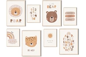 MeinBaby123® Poster Kinderzimmer | 8er Set DIN A4 & DIN A5 | Wandbilder | Kinderzimmer Poster | Deko Bilder Kinderzimmer | Zahlen ABC Poster || Babyzimmer Deko (Süße Tiere V6)